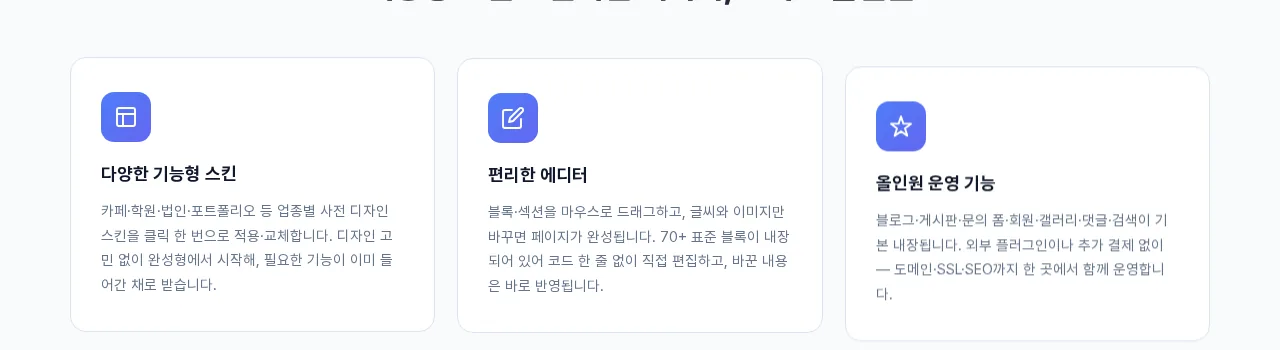 기능형 빌더 올인원 운영 기능 - 블로그 게시판 문의 폼 회원 갤러리 댓글 검색 기본 내장 설명 화면