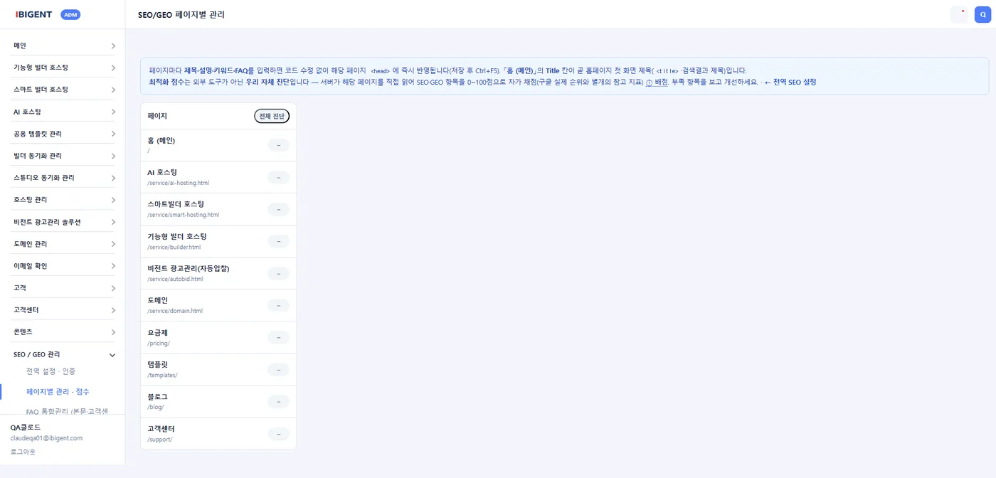 페이지별 SEO 관리·진단 목록 화면